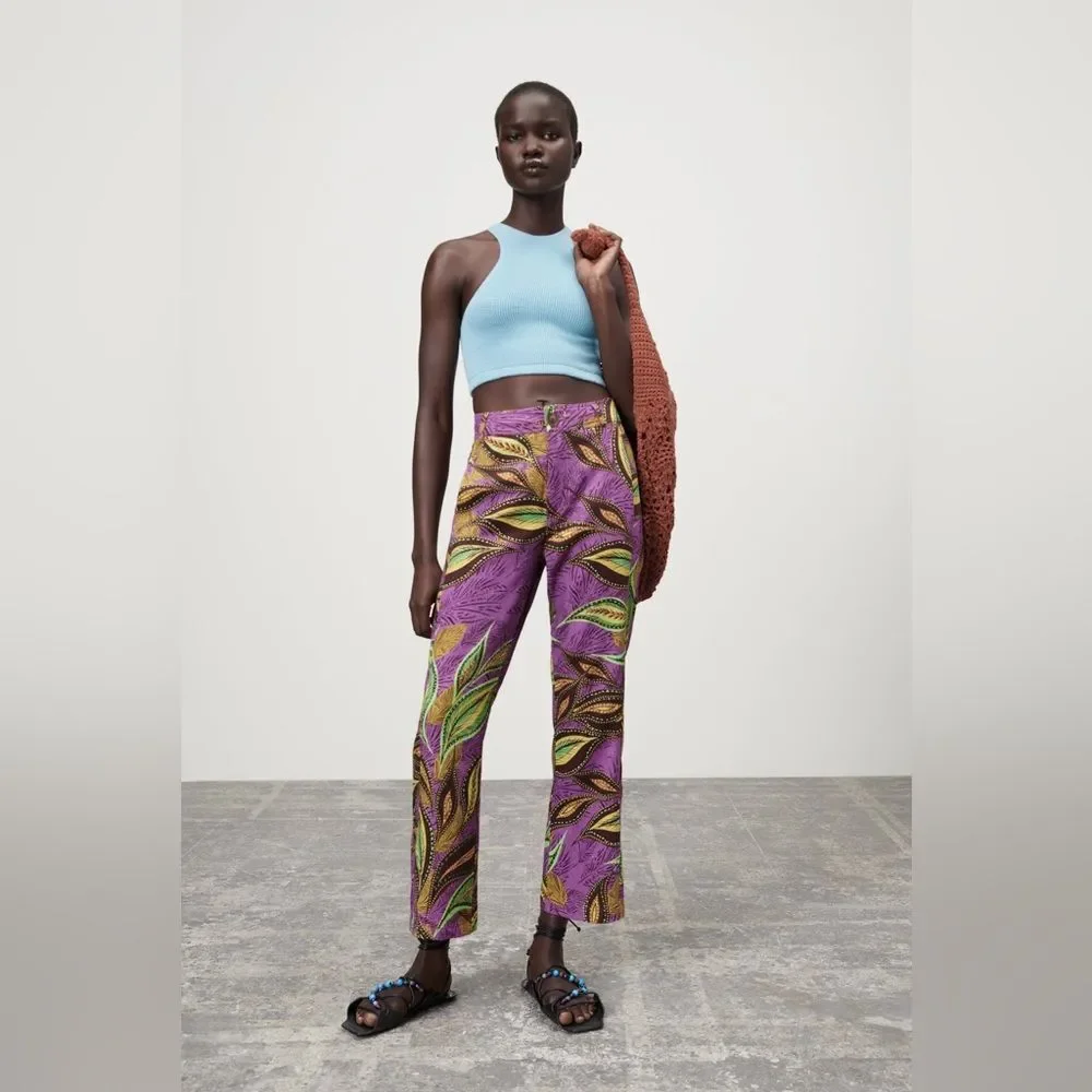 Zara Linen High Waisted Hi Rise Flare Patterned Pants Small